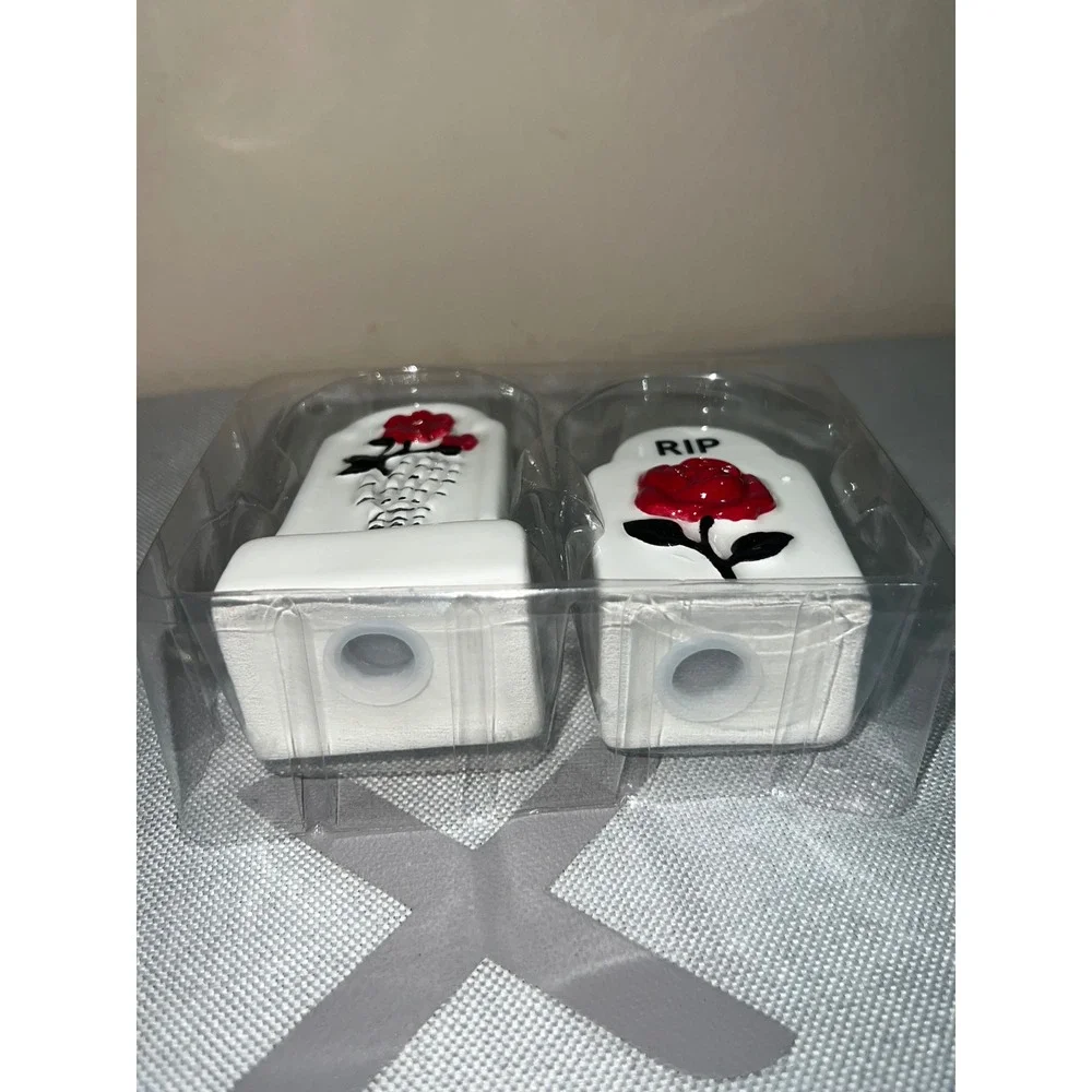 Tombstone Salt and Pepper Shaker Set Halloween Gothic RIP Rose Ceramic White Red